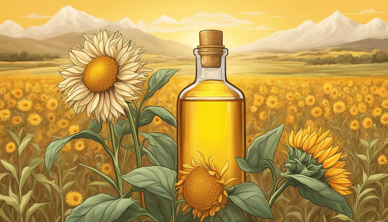 A bottle of safflower oil surrounded by sunflower seeds and a blooming safflower plant, all against a backdrop of a golden field