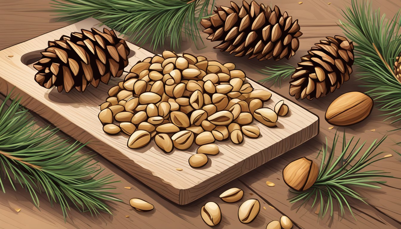 A handful of pine nuts scattered on a wooden cutting board, surrounded by a few pinecones and some sprigs of fresh pine needles