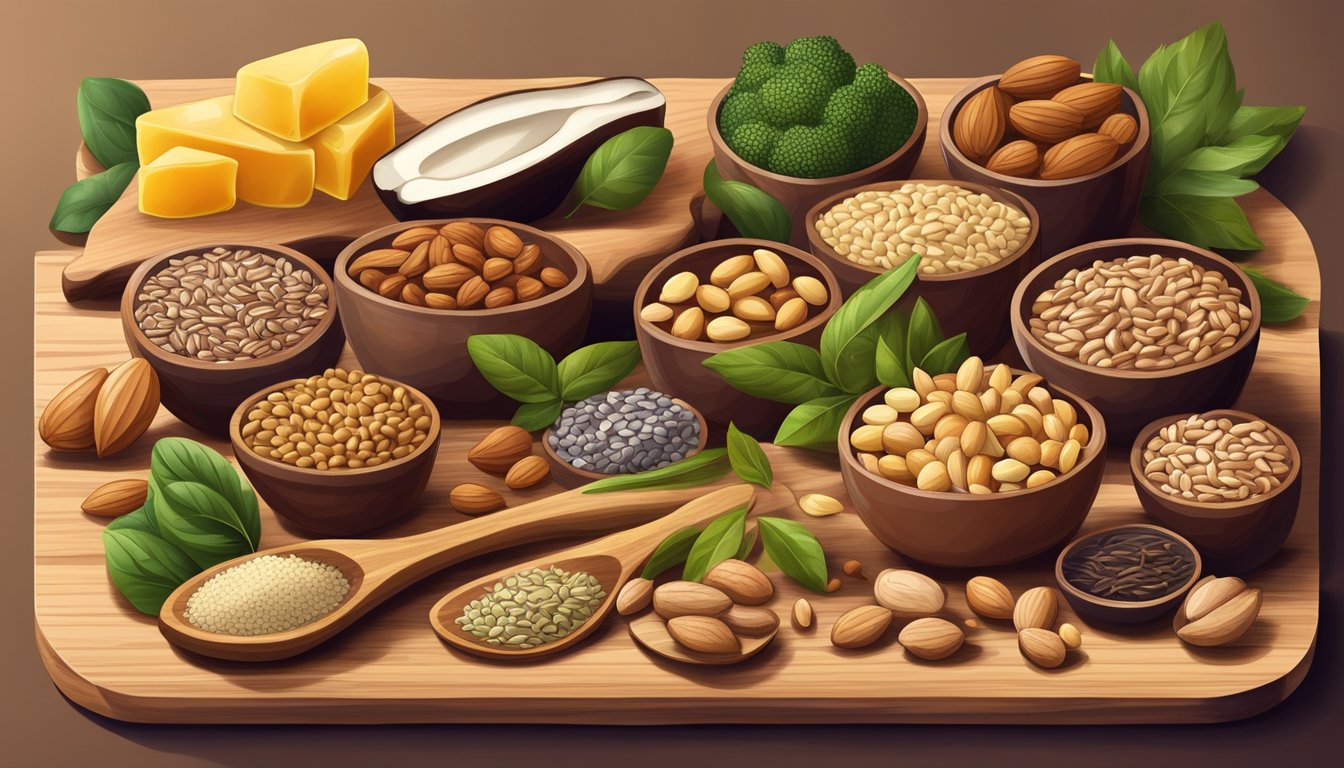 A variety of foods high in omega-6 fatty acids, such as nuts, seeds, and oils, arranged on a wooden cutting board