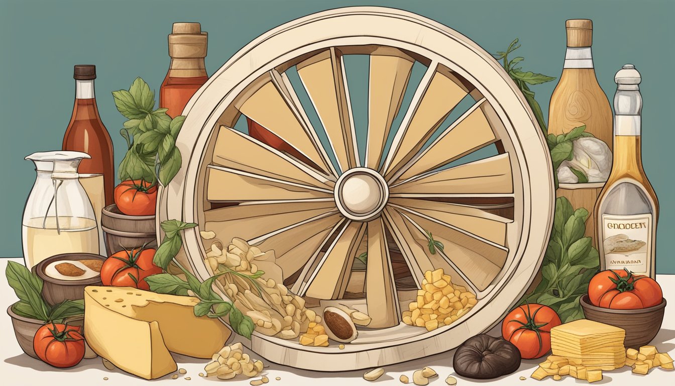 A wheel of parmesan cheese surrounded by umami-rich foods like tomatoes, mushrooms, and soy sauce