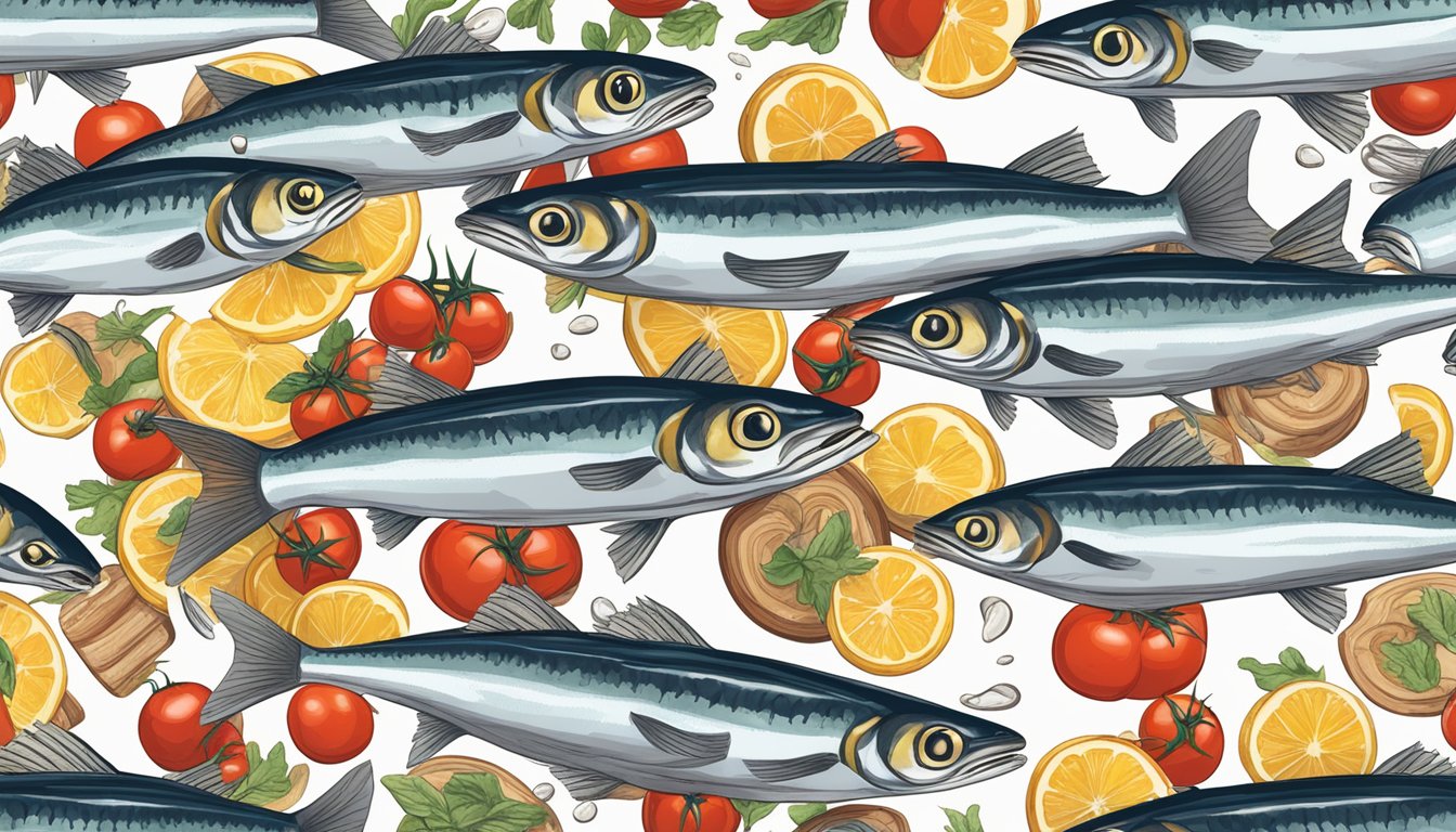 A school of sardines swimming towards a pile of umami-rich foods like tomatoes, mushrooms, and soy sauce