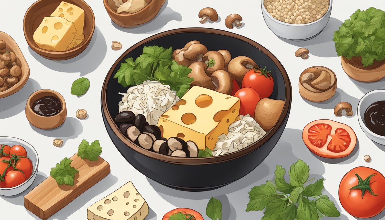 A bowl of soy sauce surrounded by umami-rich foods like mushrooms, tomatoes, and cheese