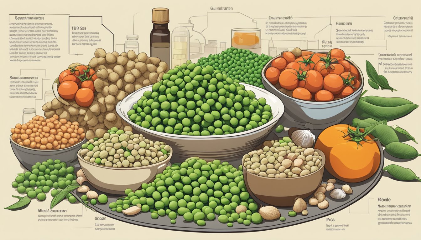 A pile of peas surrounded by various glutamate-rich foods, such as tomatoes, mushrooms, and soy sauce, with a scientific diagram of umami receptors in the background