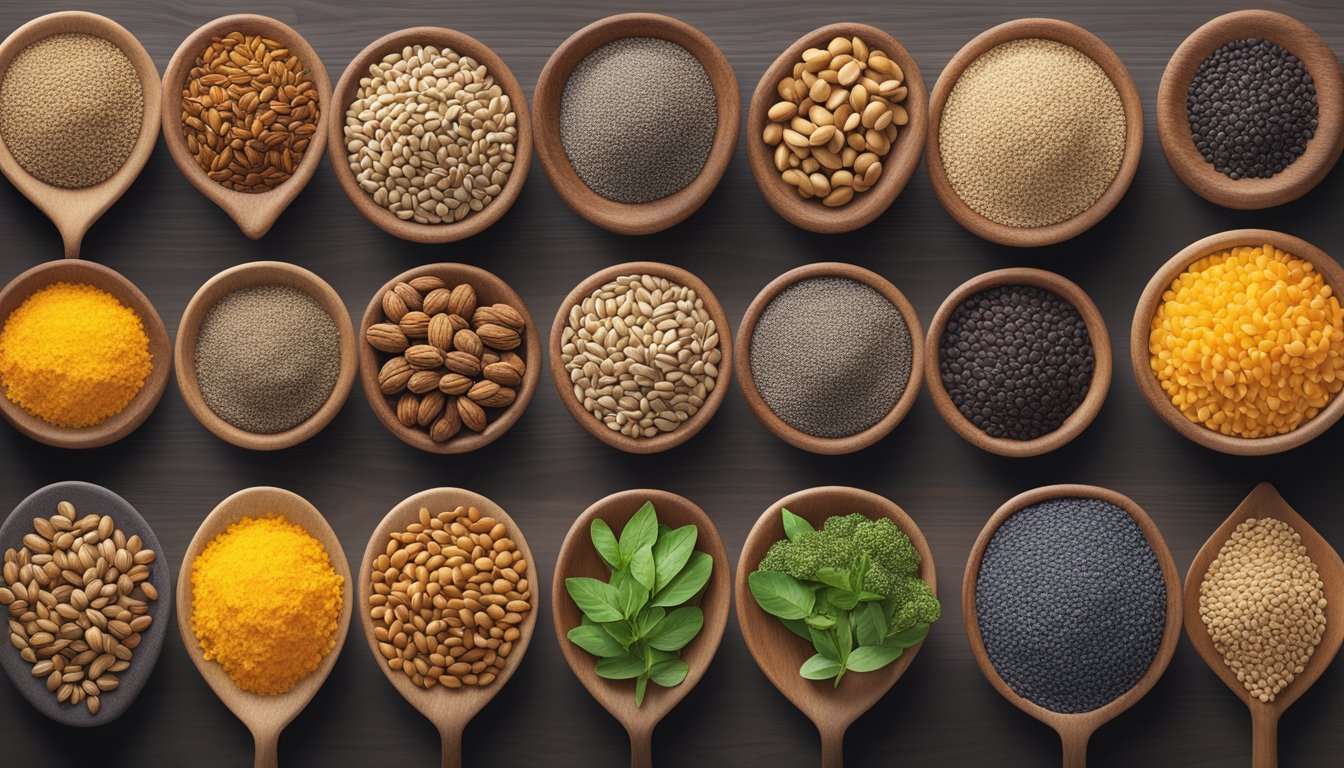 A colorful array of chia plants, seeds, and various plant-based sources of alpha linolenic acid, such as flaxseeds and walnuts, arranged in a visually appealing composition