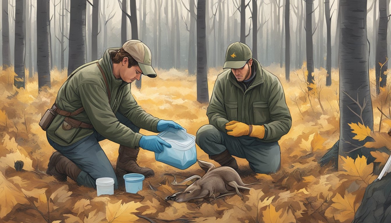 A hunter using a Browning field dressing kit to clean and prepare a freshly harvested deer in a wooded clearing