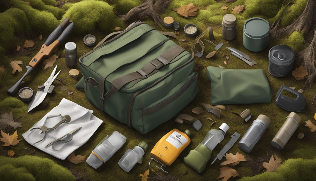 The Browning Field Dressing Kit laid out on a mossy forest floor, surrounded by scattered leaves and twigs