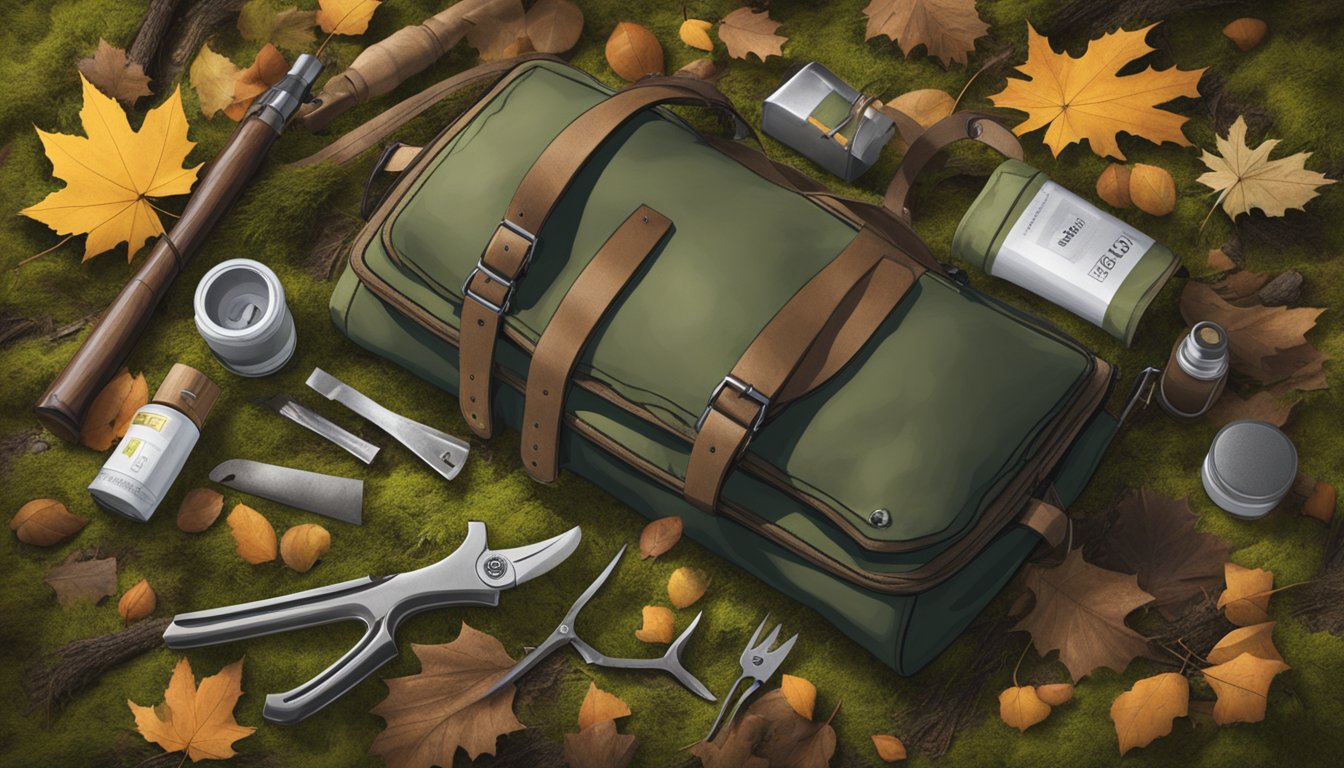 A browning field dressing kit laid out on a mossy forest floor, surrounded by fallen leaves and twigs