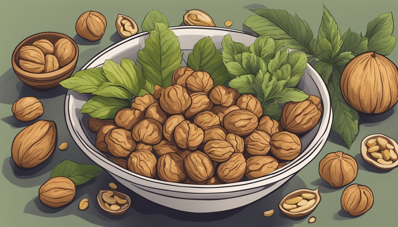 A bowl of walnuts surrounded by various plant-based foods rich in alpha linolenic acid