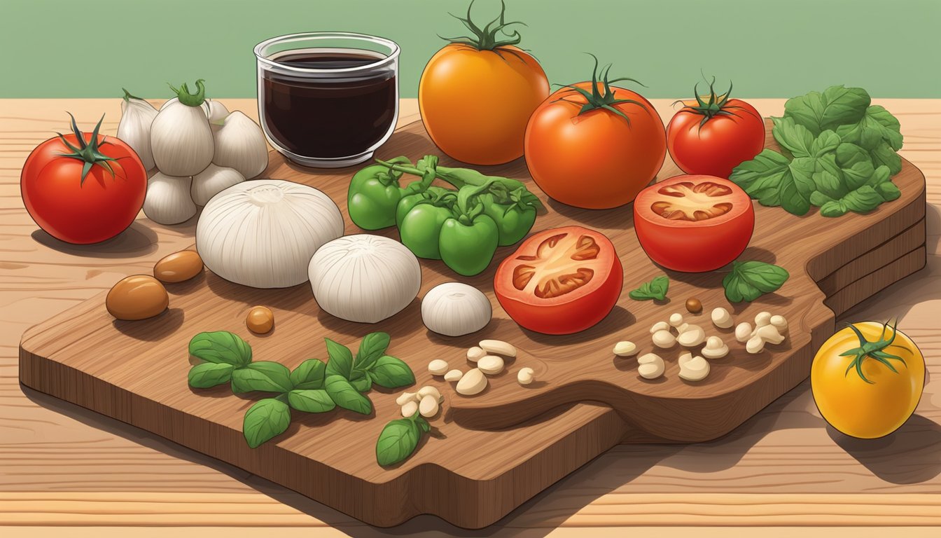 A colorful array of glutamate-rich foods, including tomatoes, mushrooms, and soy sauce, arranged on a wooden cutting board