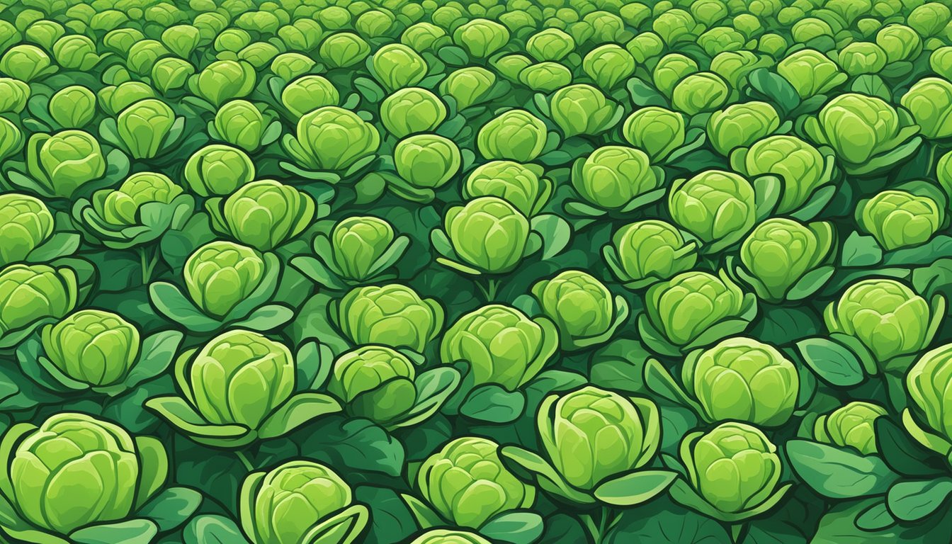 A vibrant field of Brussels sprouts plants reaching towards the sun, with their green leaves and tiny sprouts forming at the top