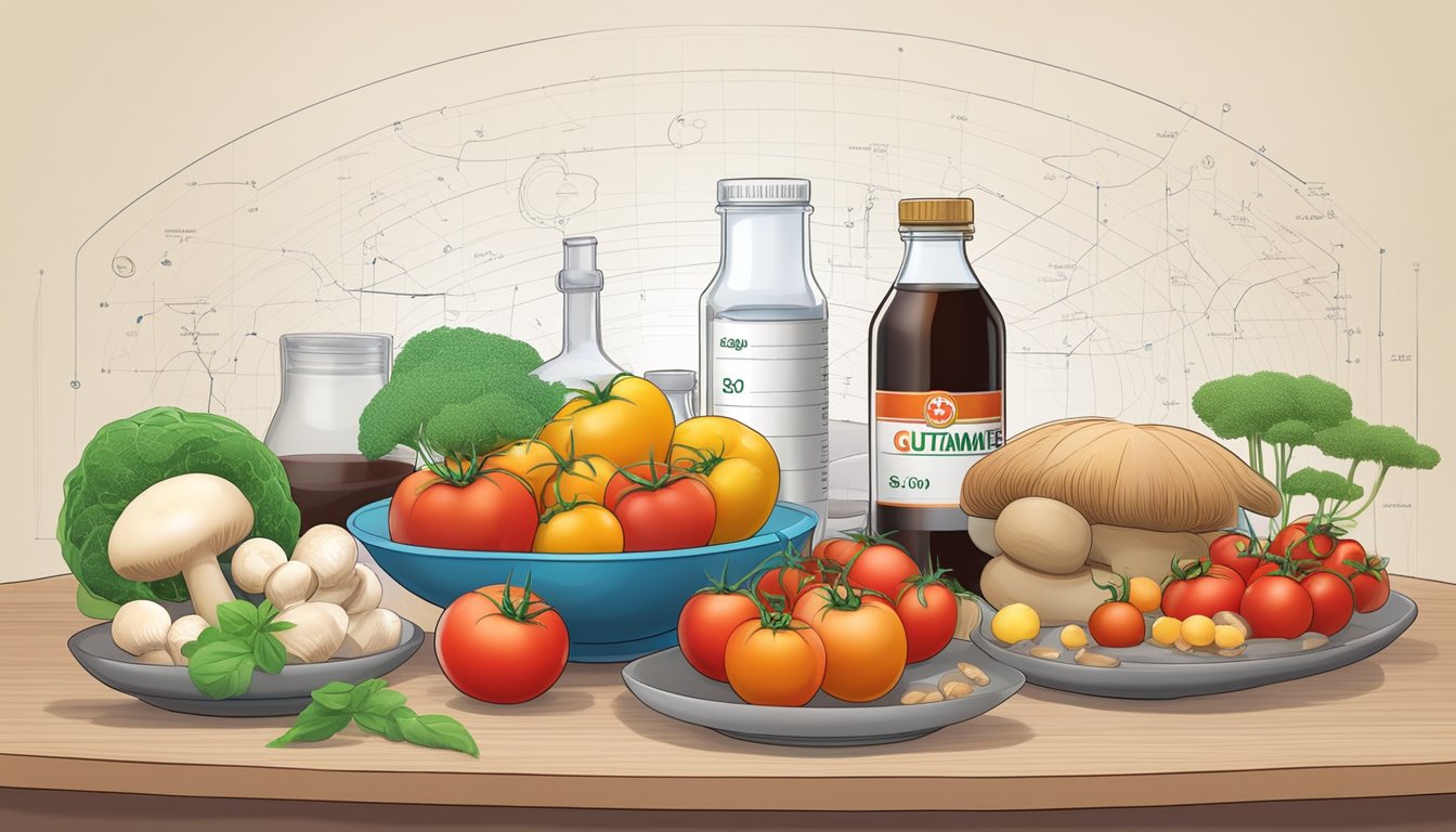 A colorful array of foods high in glutamate, such as tomatoes, mushrooms, and soy sauce, arranged on a table with a scientific diagram of a glutamate molecule in the background