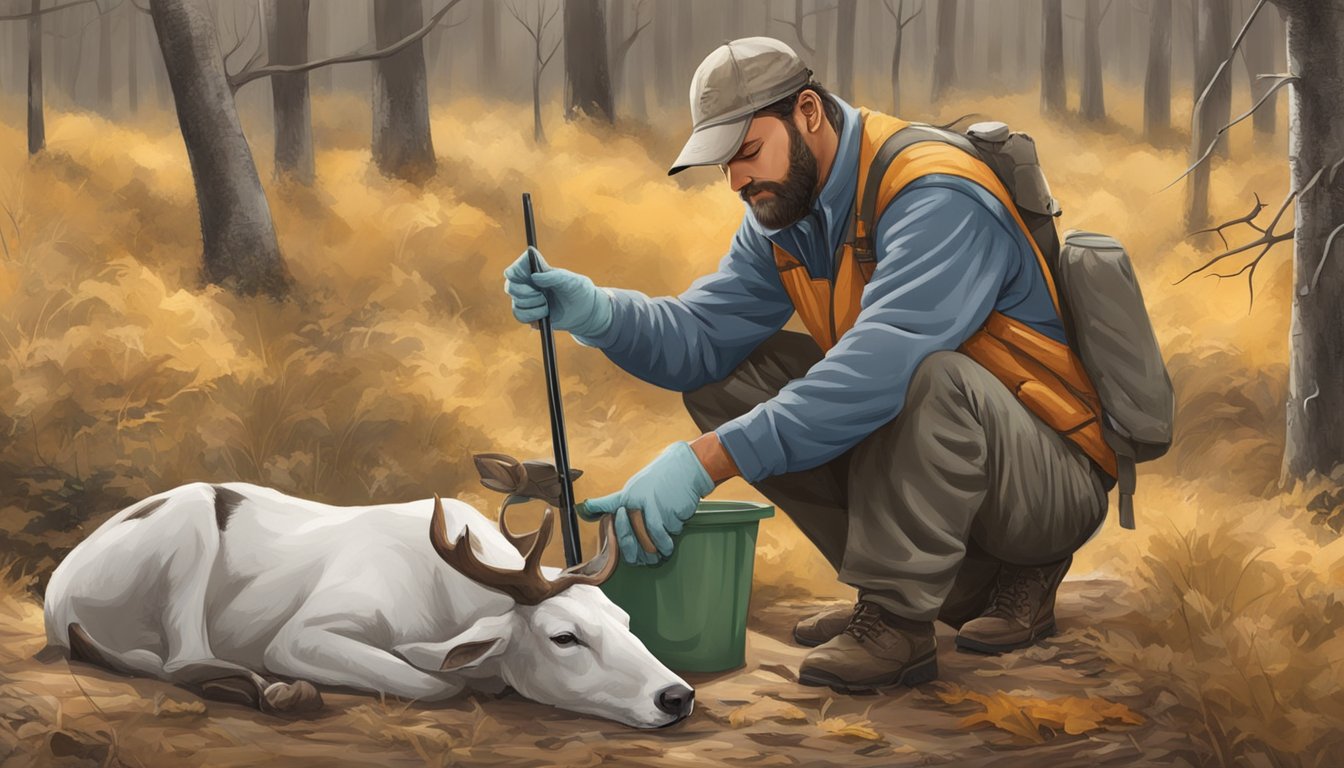 A hunter using a Browning field dressing kit to clean and prepare a freshly harvested animal in a safe and hygienic manner