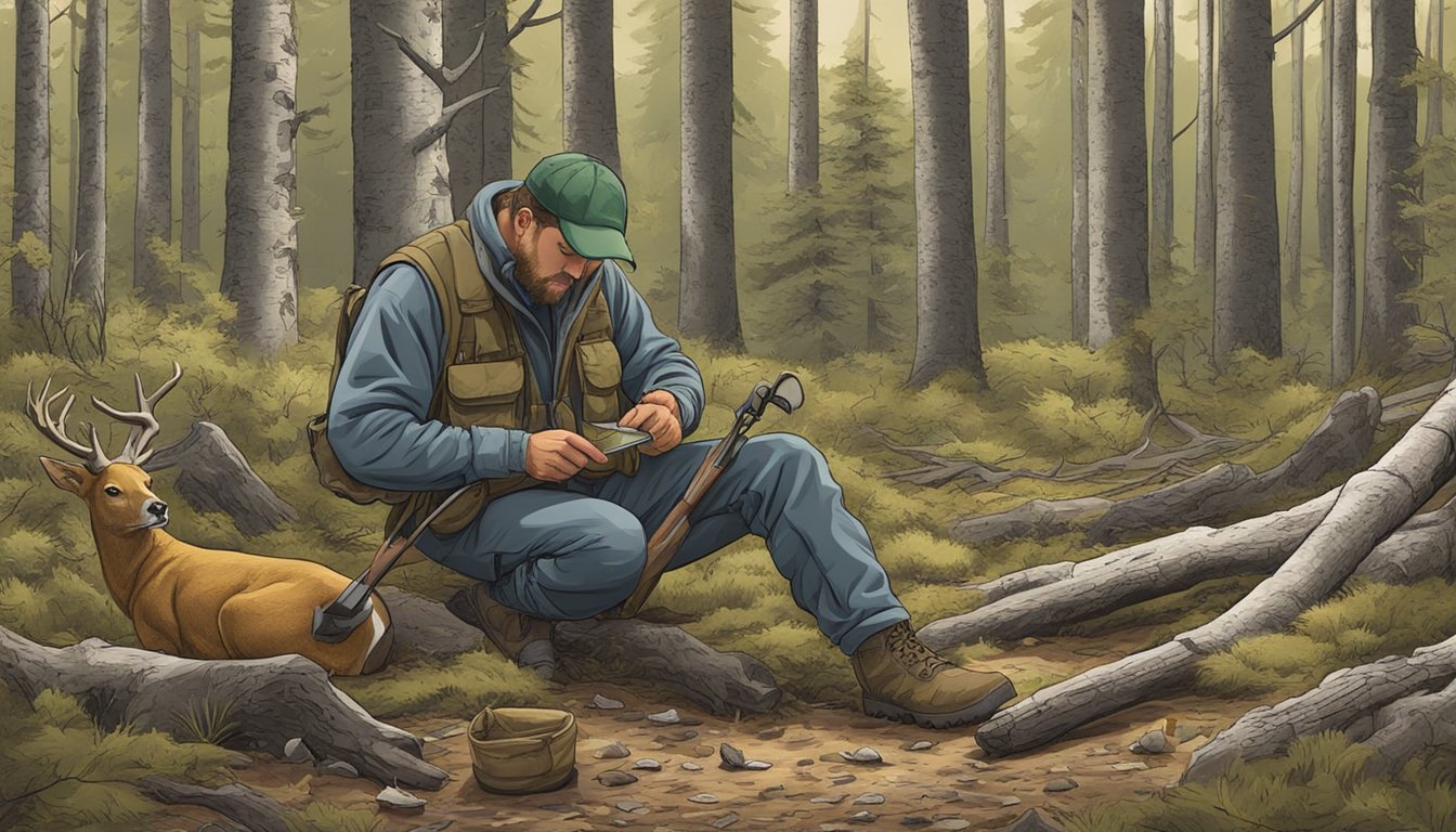 A hunter carefully uses a Browning field dressing kit to clean and prepare a freshly caught animal in a wooded clearing