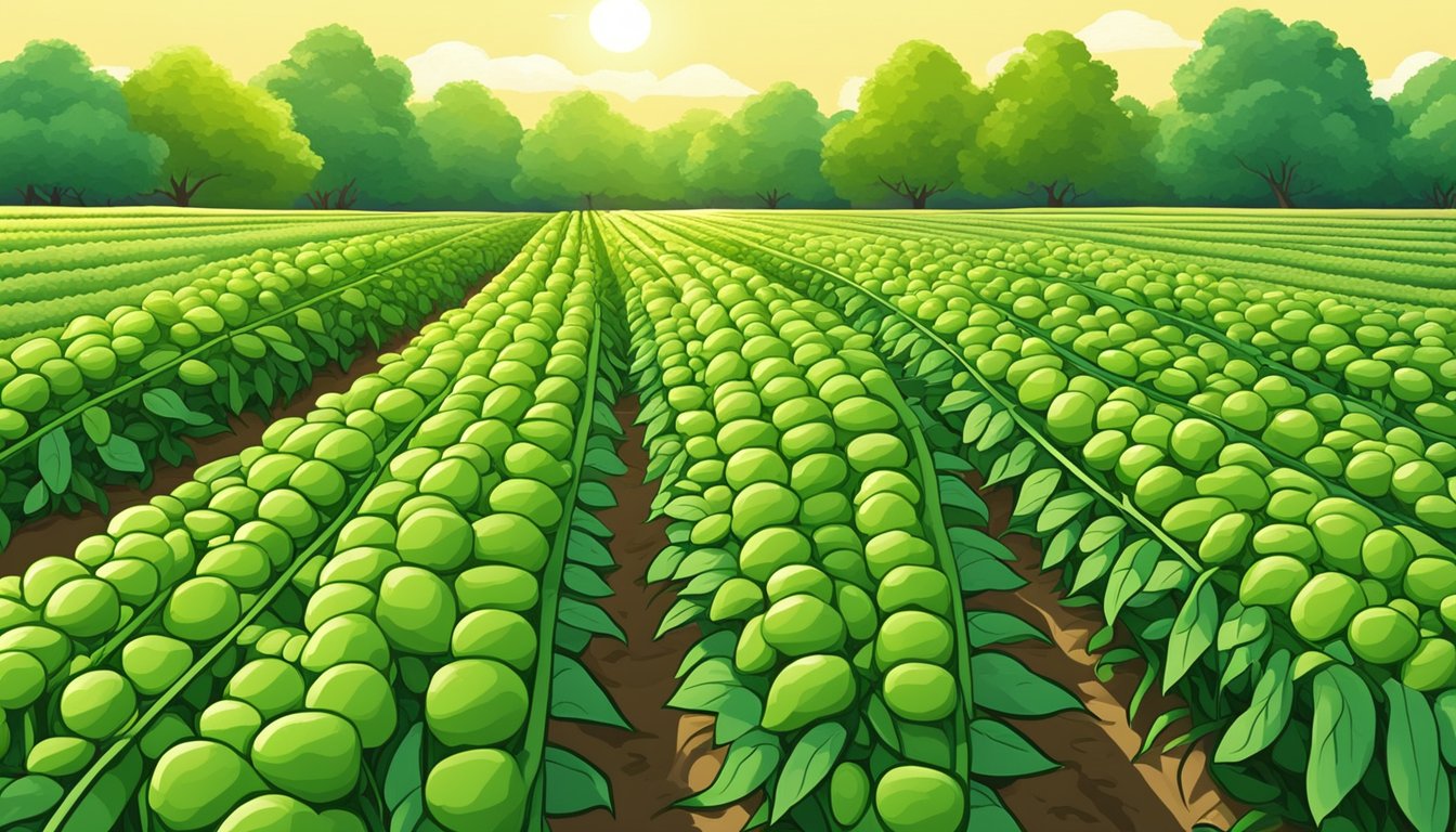 A lush green field with rows of edamame plants under a bright sun