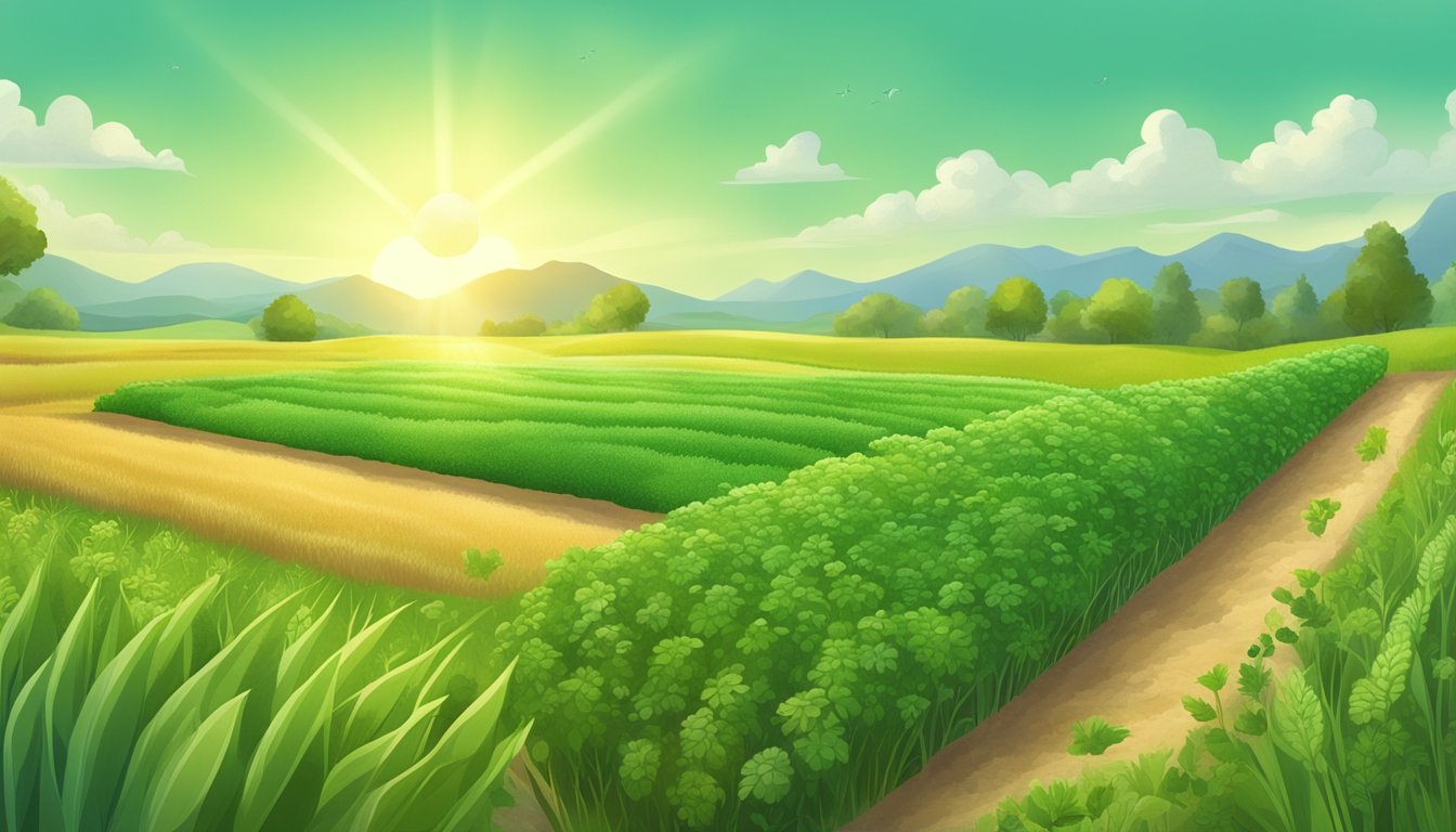 A lush green field with an array of plant-based sources of alpha linolenic acid, such as flaxseeds, chia seeds, walnuts, and hemp seeds, growing abundantly under a bright sun