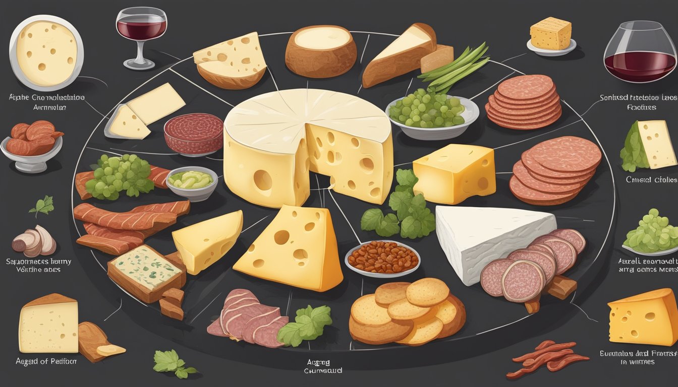 A wheel of aged cheese surrounded by foods high in amines, such as cured meats, fermented vegetables, and aged wines