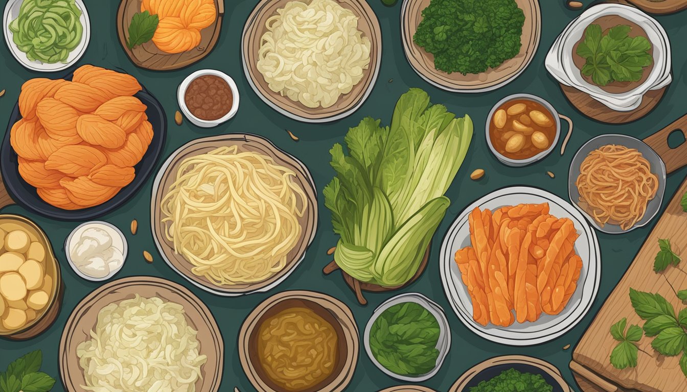 A variety of fermented foods, such as kimchi, sauerkraut, and miso, arranged on a wooden table with a focus on their rich colors and textures