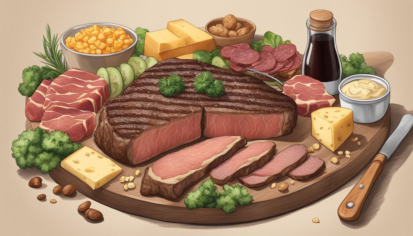 A matured steak surrounded by high-amine foods like aged cheese, fermented soy sauce, and cured meats