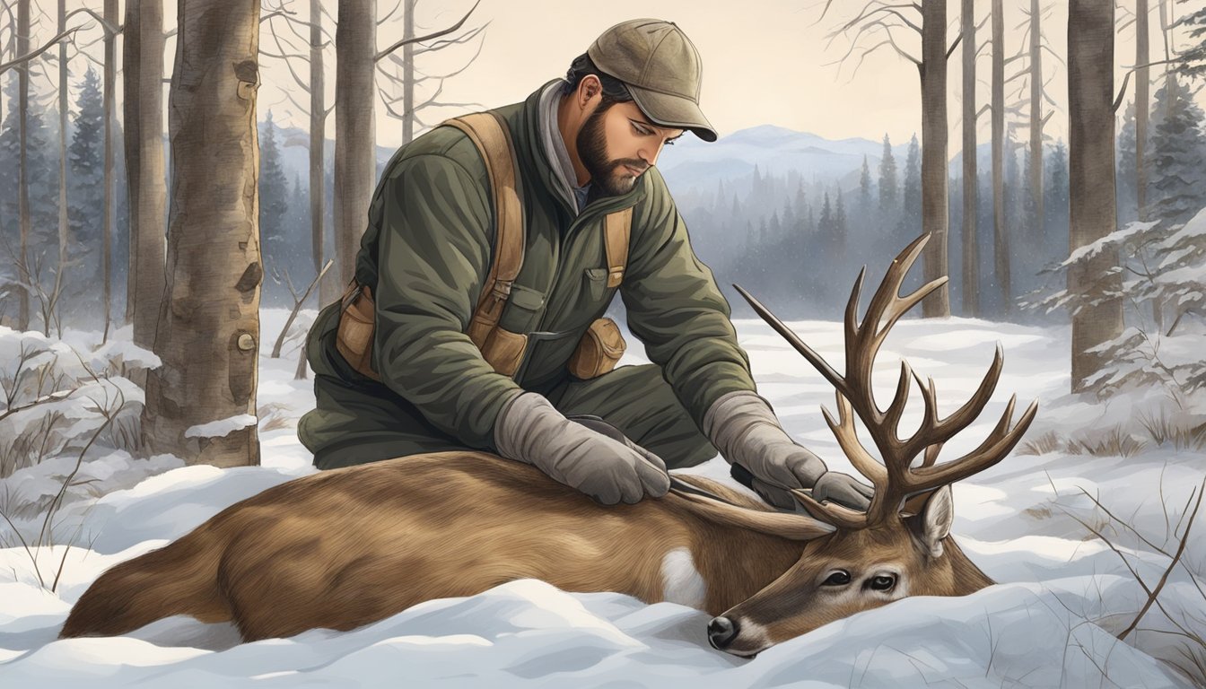 A hunter carefully removes the hide from a deer using field dressing gloves, ensuring a clean and efficient process