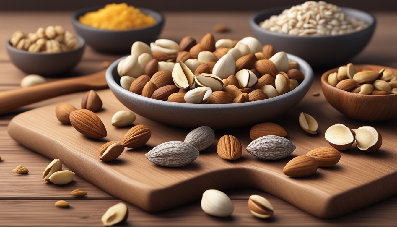 A variety of nuts and seeds arranged on a wooden cutting board, with some scattered on the table around it