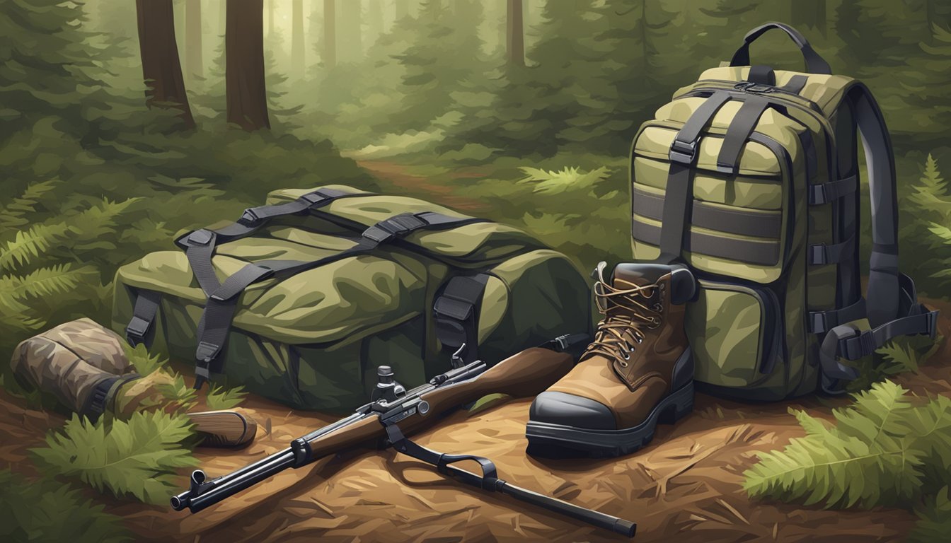 A pair of deer field dressing gloves lying next to a hunting rifle and a camouflage backpack in a forest clearing