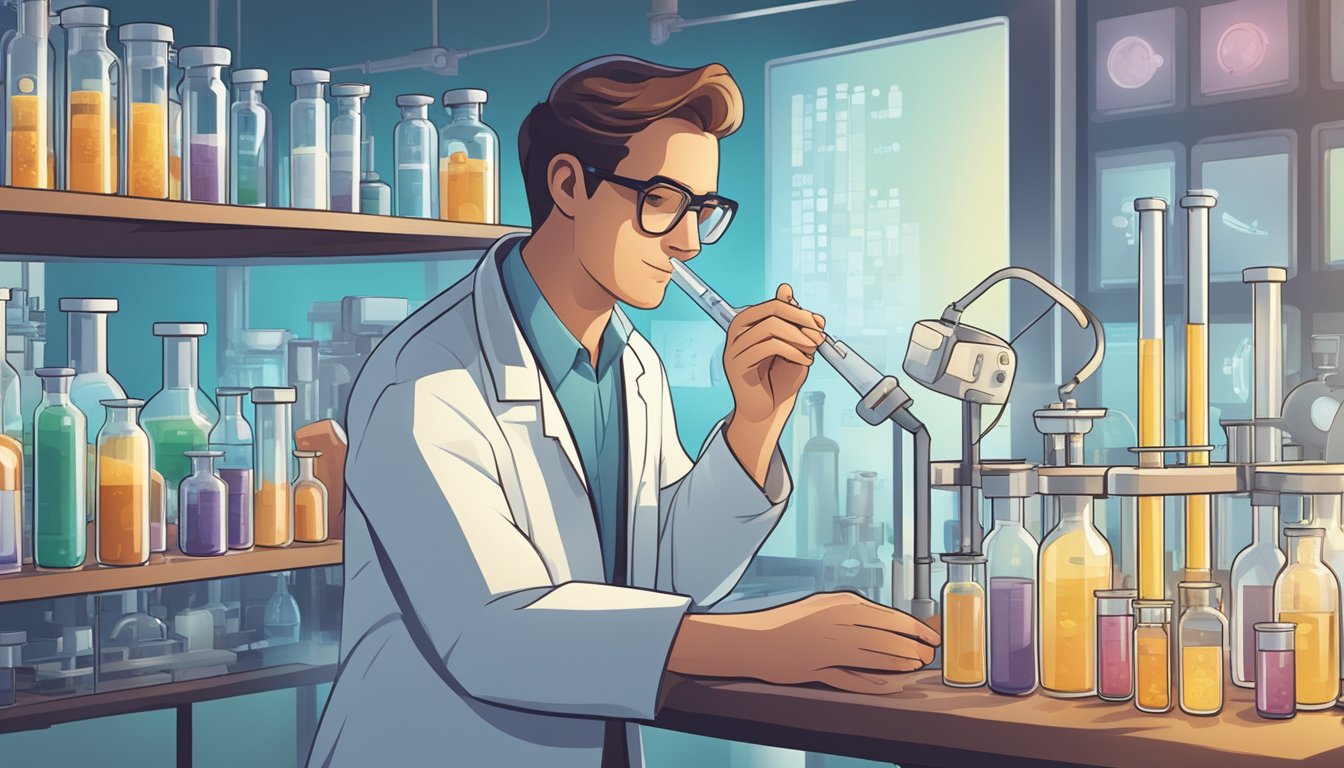 A scientist carefully adjusting tubes and vials in a laboratory, surrounded by equipment and charts displaying albumin levels