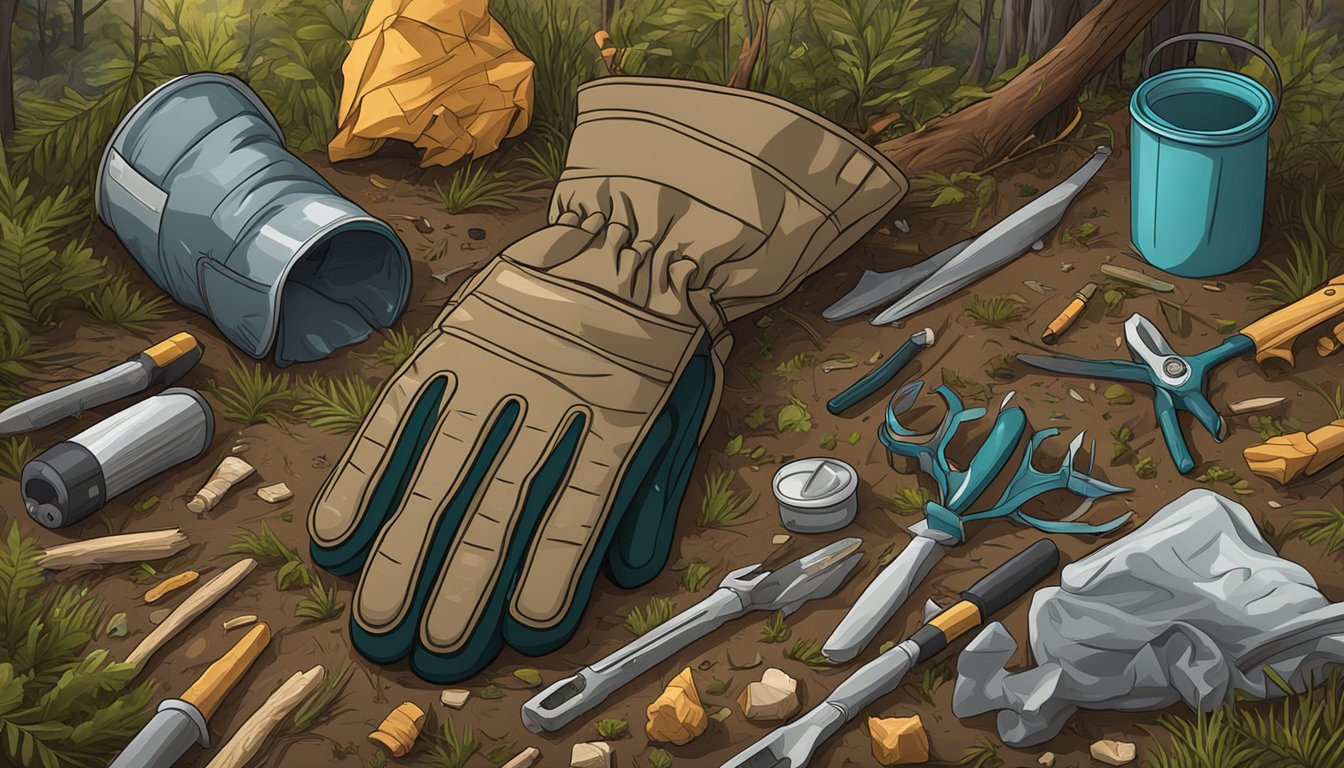 A pair of durable gloves lies on the ground in a forest clearing, surrounded by scattered tools and a freshly dressed deer carcass