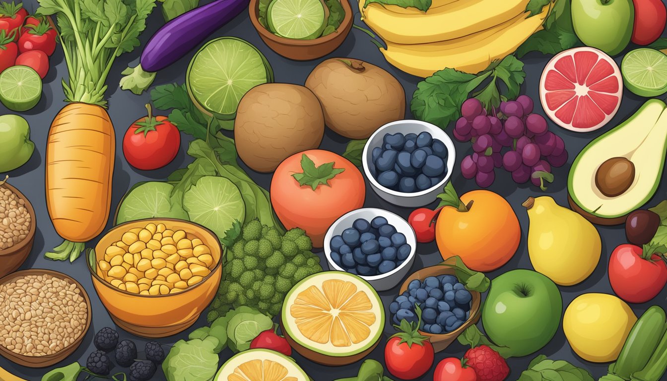 A variety of high amine foods arranged on a table with a focus on colorful fruits, vegetables, and protein sources