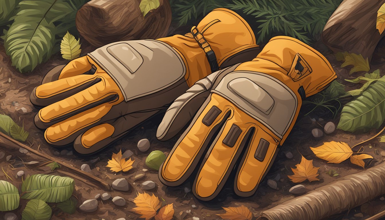 A pair of durable, waterproof gloves lies on the forest floor beside a freshly harvested deer