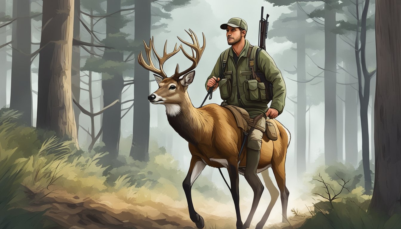 A hunter transporting a deer through a forest, preparing to field dress the animal