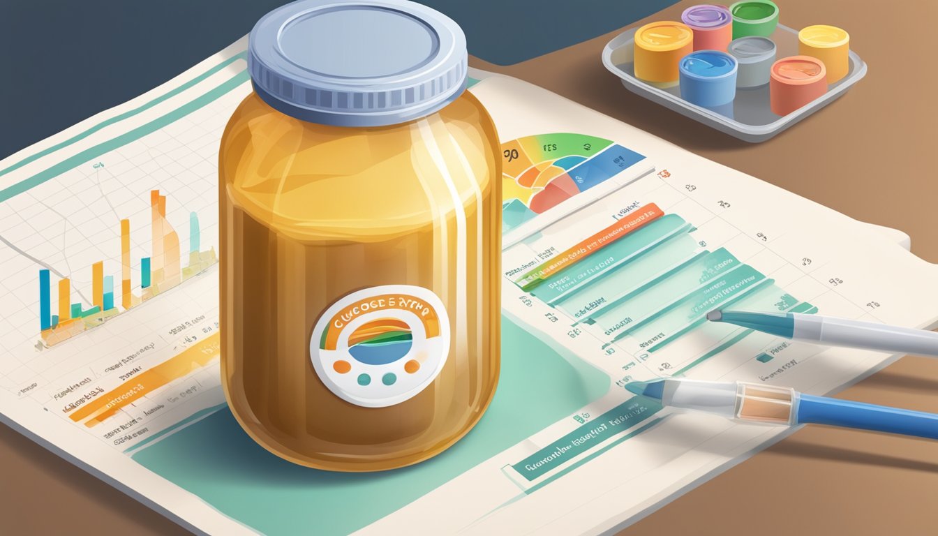 A jar of glucose syrup next to a chart displaying high glycemic index foods