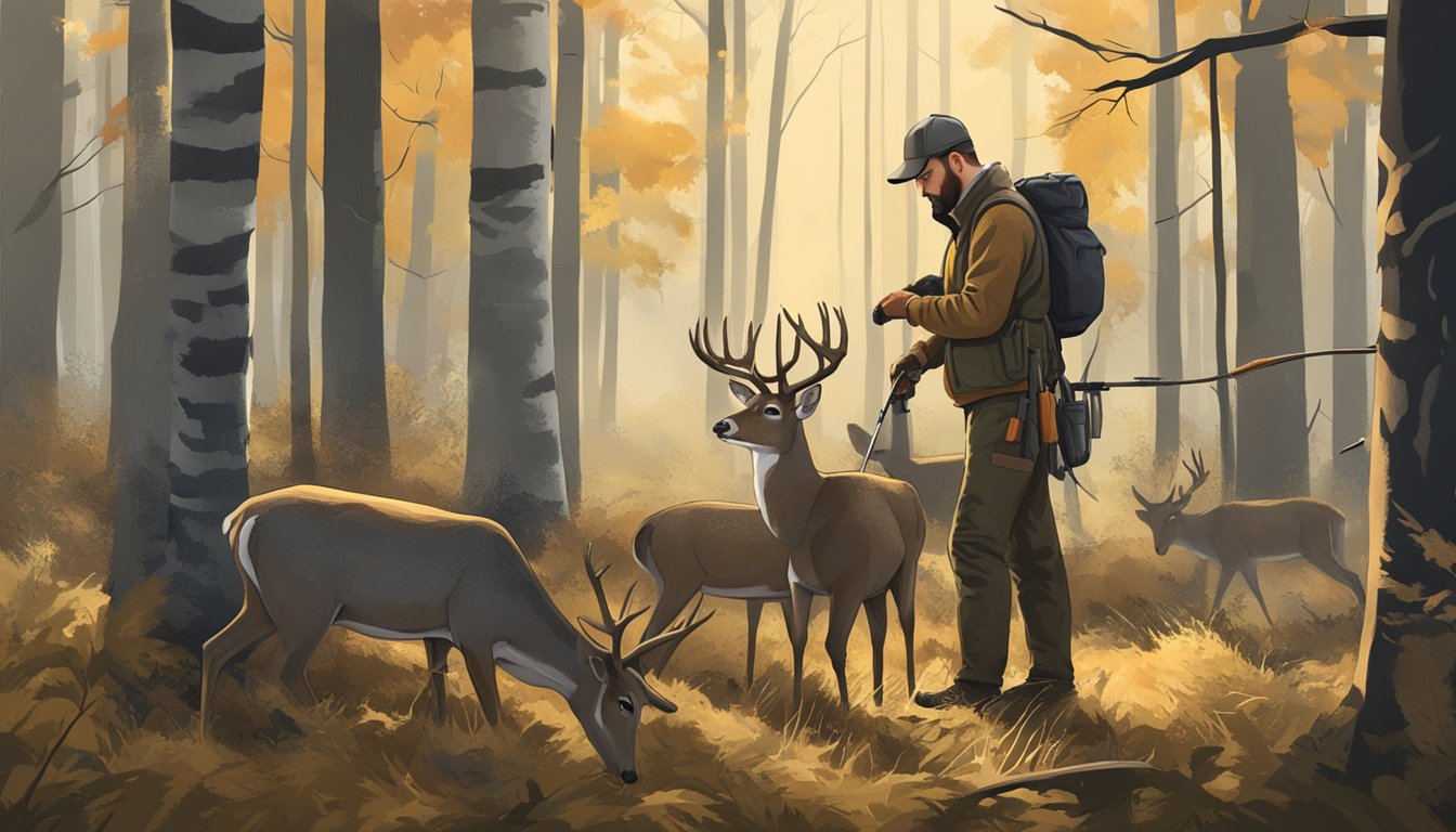 A hunter carefully cleans and inspects the freshly field-dressed deer in the woods