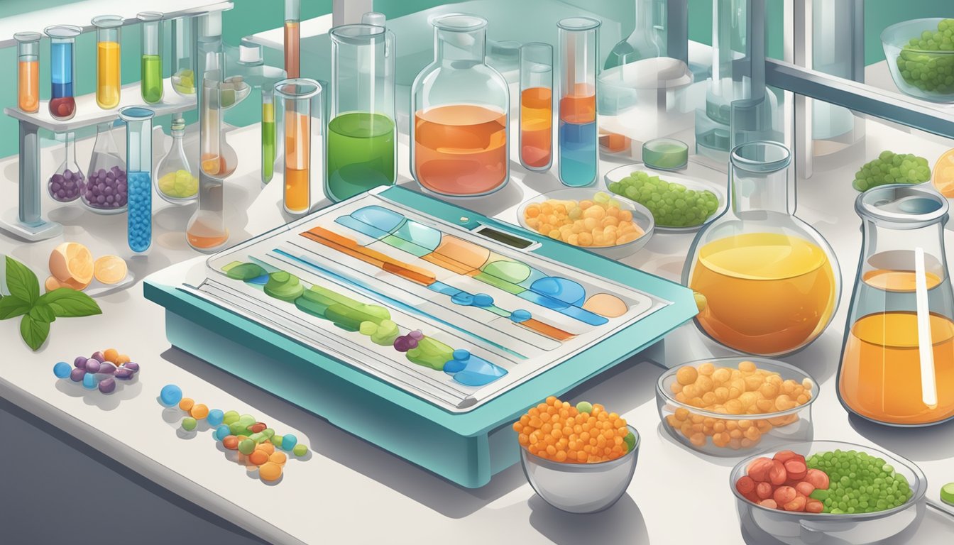 A laboratory setting with test tubes, beakers, and scientific equipment. A diagram of the leptin hormone and a plate of healthy food