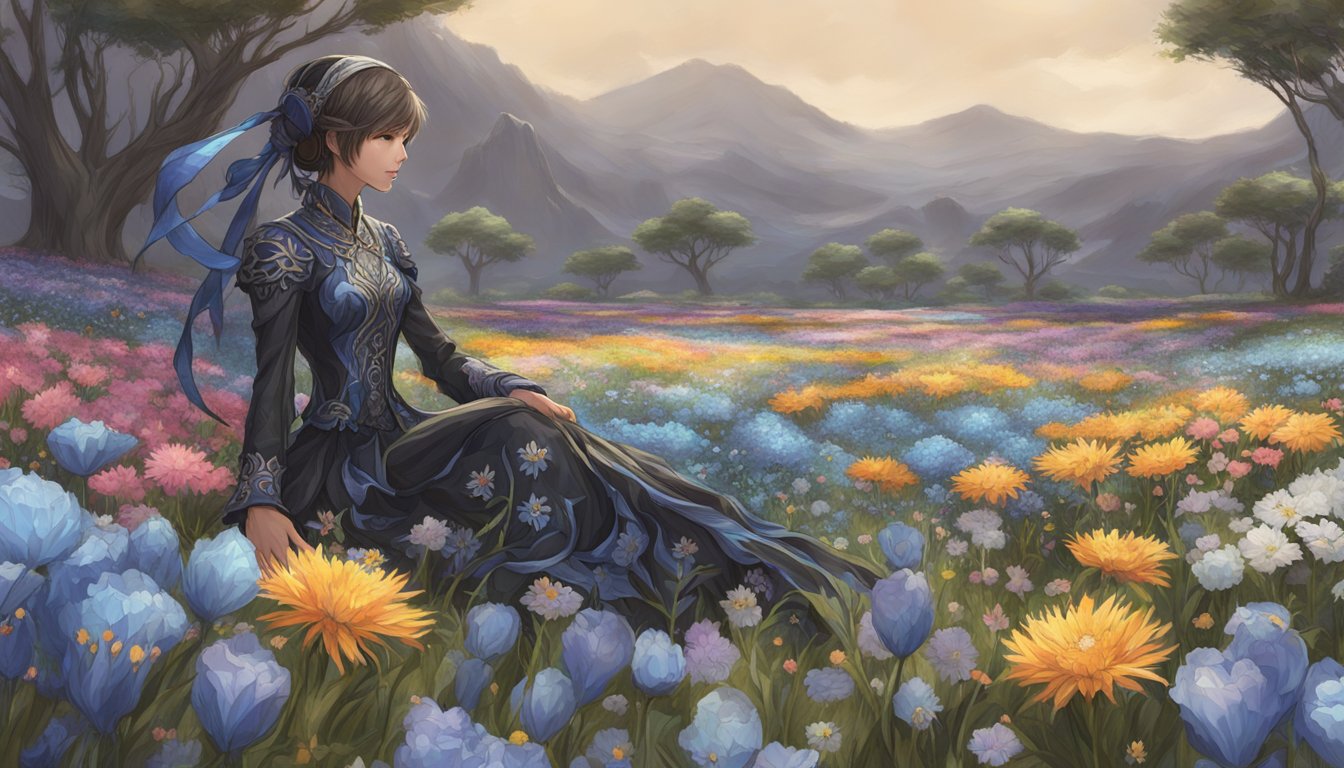 A lone arachne weaves intricate silk patterns on a field of striking flowers in Final Fantasy XIV