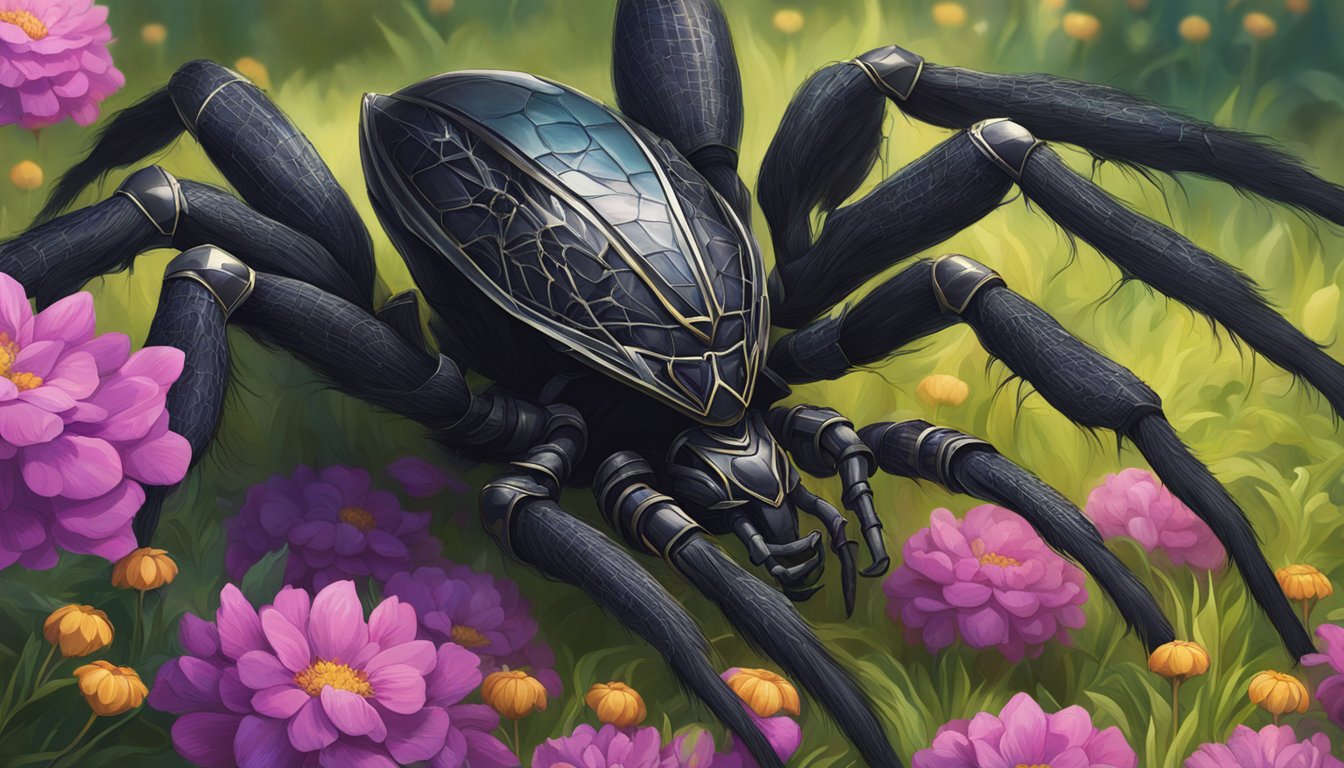 A sleek, black arachne weaves a web among vibrant flowers in a field, adorned with striking custom armor and accessories