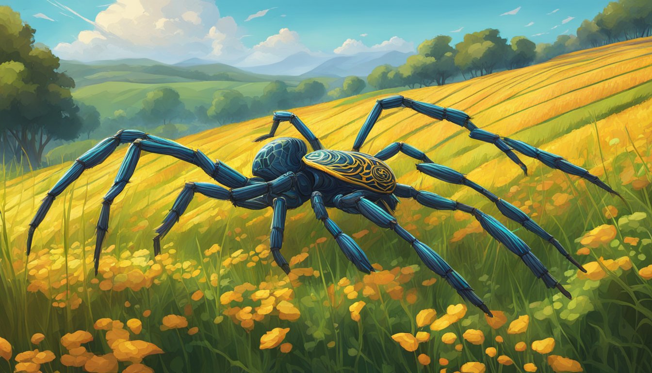 A vibrant arachne weaves intricate patterns in a field, enhancing the striking visuals of the gameplay