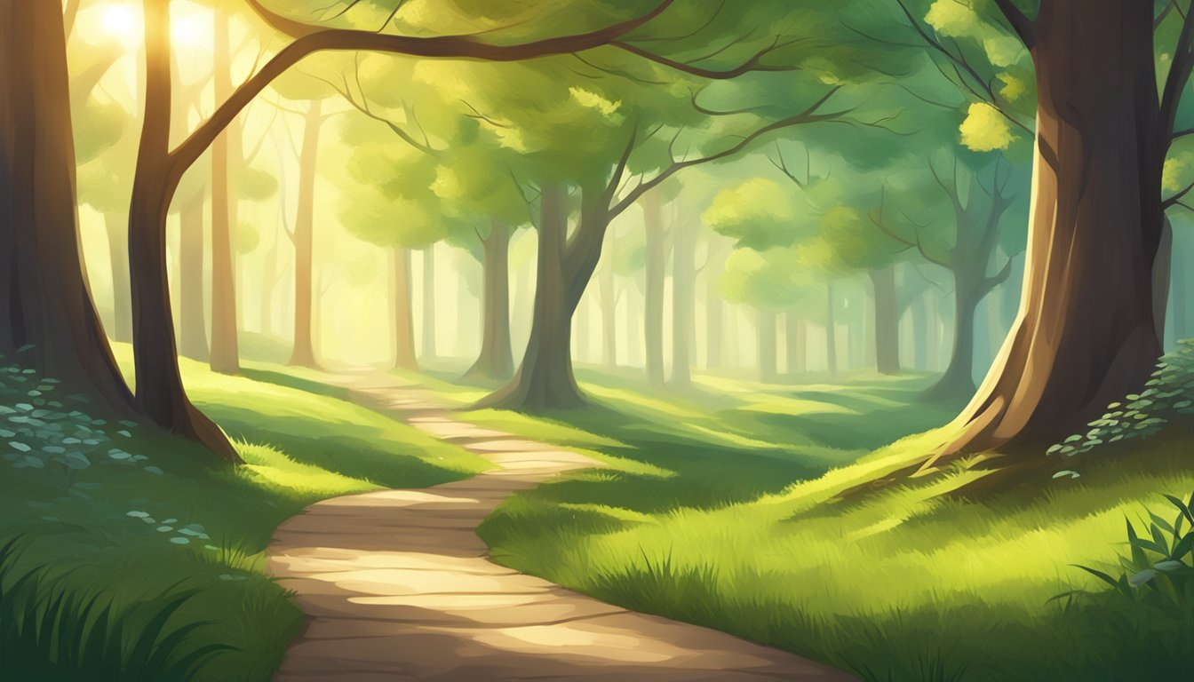 A serene forest with sunlight filtering through the trees, illuminating a winding path leading to a peaceful meadow