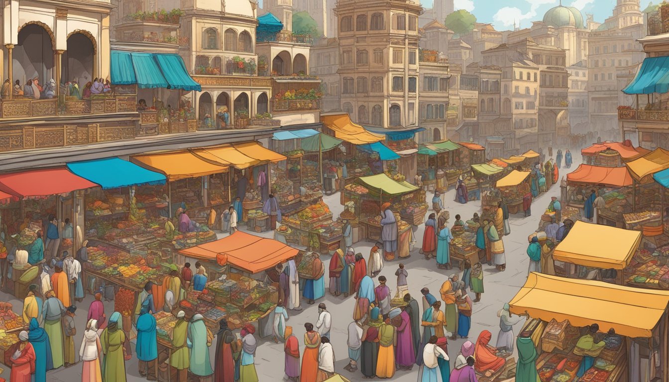 A bustling marketplace with merchants selling vibrant fabrics and ornate jewelry, surrounded by towering buildings and bustling with activity