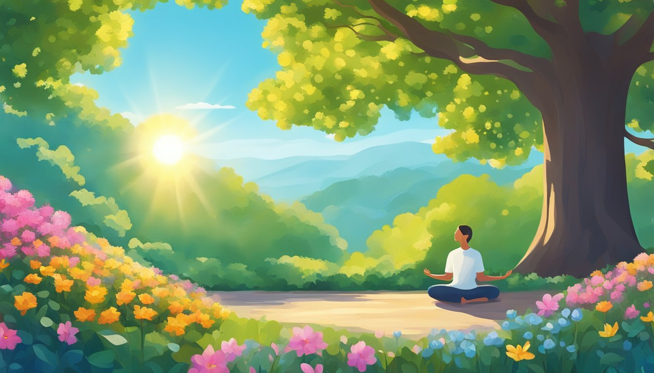 A colorful garden with blooming flowers, a bright sun, and a clear blue sky. A person is seen meditating under a tree, surrounded by peaceful nature