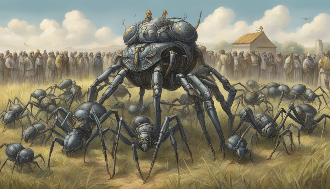 A group of arachne in a field, dressing in striking attire, surrounded by a community of onlookers