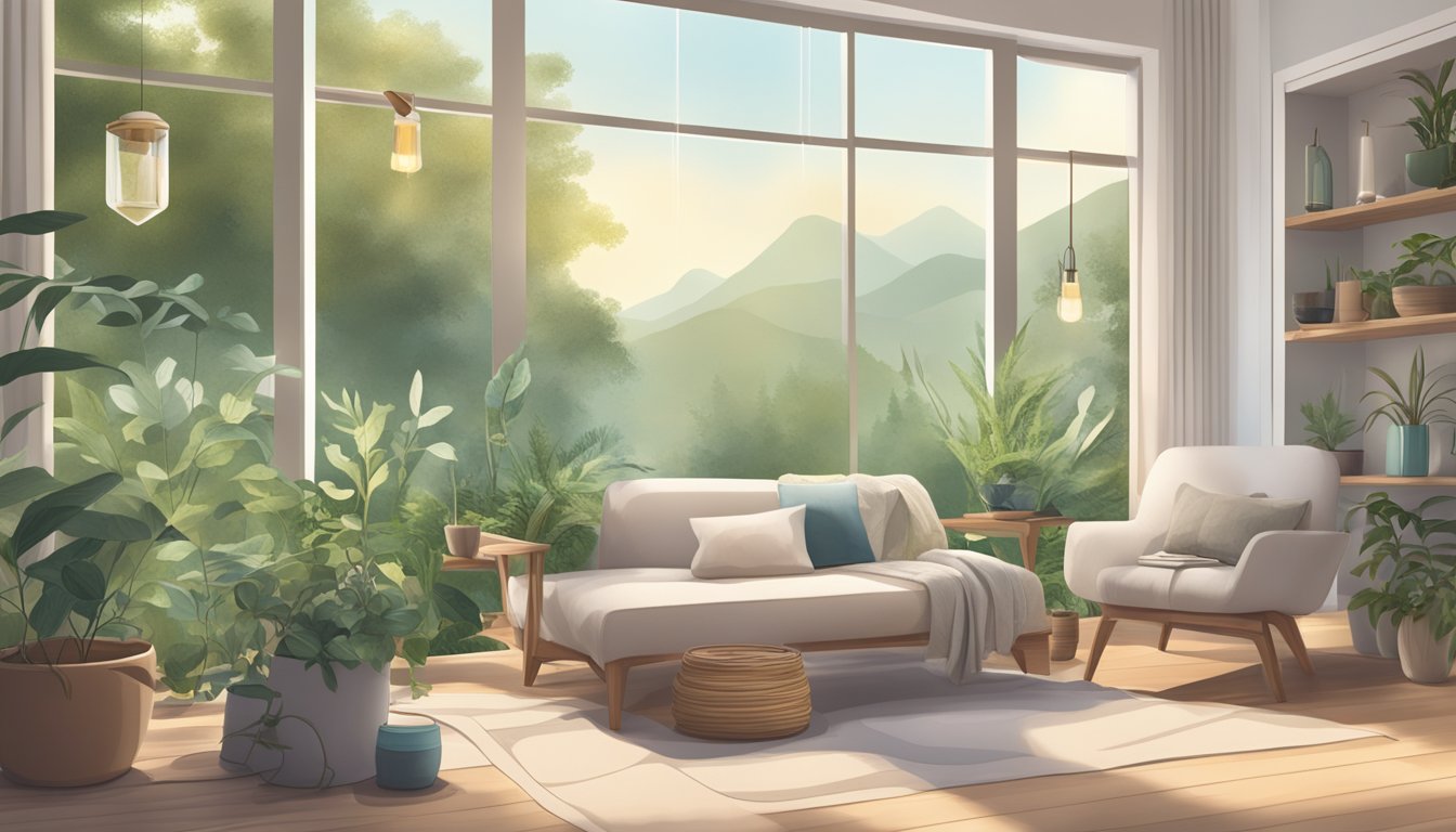 A serene setting with soft natural lighting, featuring elements such as plants, essential oils, herbal teas, and calming music to promote relaxation and boost mood naturally