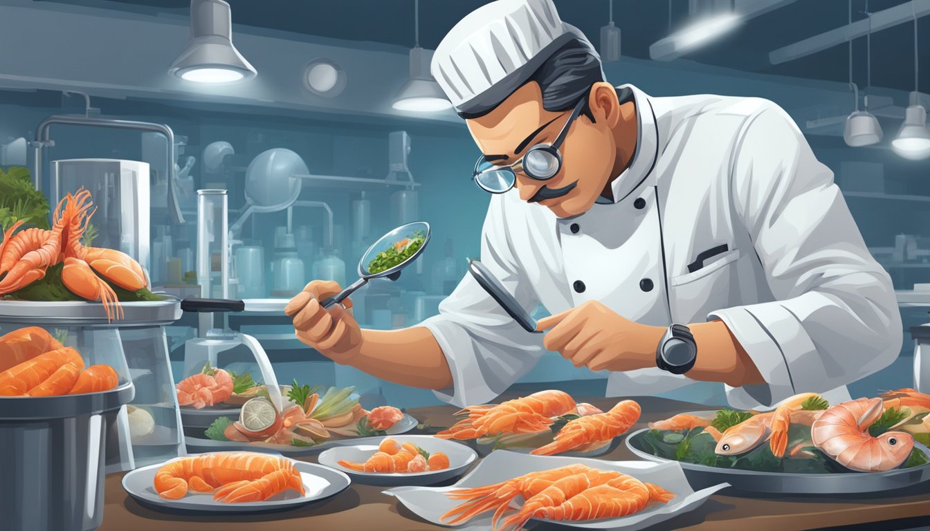 A chef carefully inspecting a variety of fresh seafood with a magnifying glass, while a scientist in a lab coat tests samples for mercury contamination