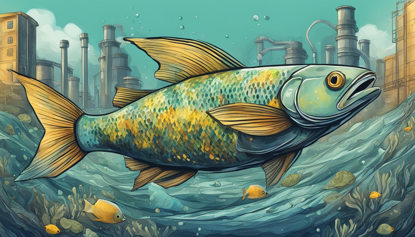 A fish swimming in a polluted ocean, surrounded by industrial waste and contaminated water