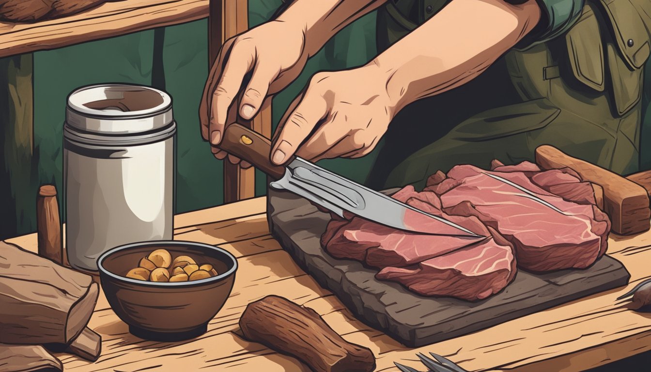 A hunter's hands clean and pack game meat in a forest clearing