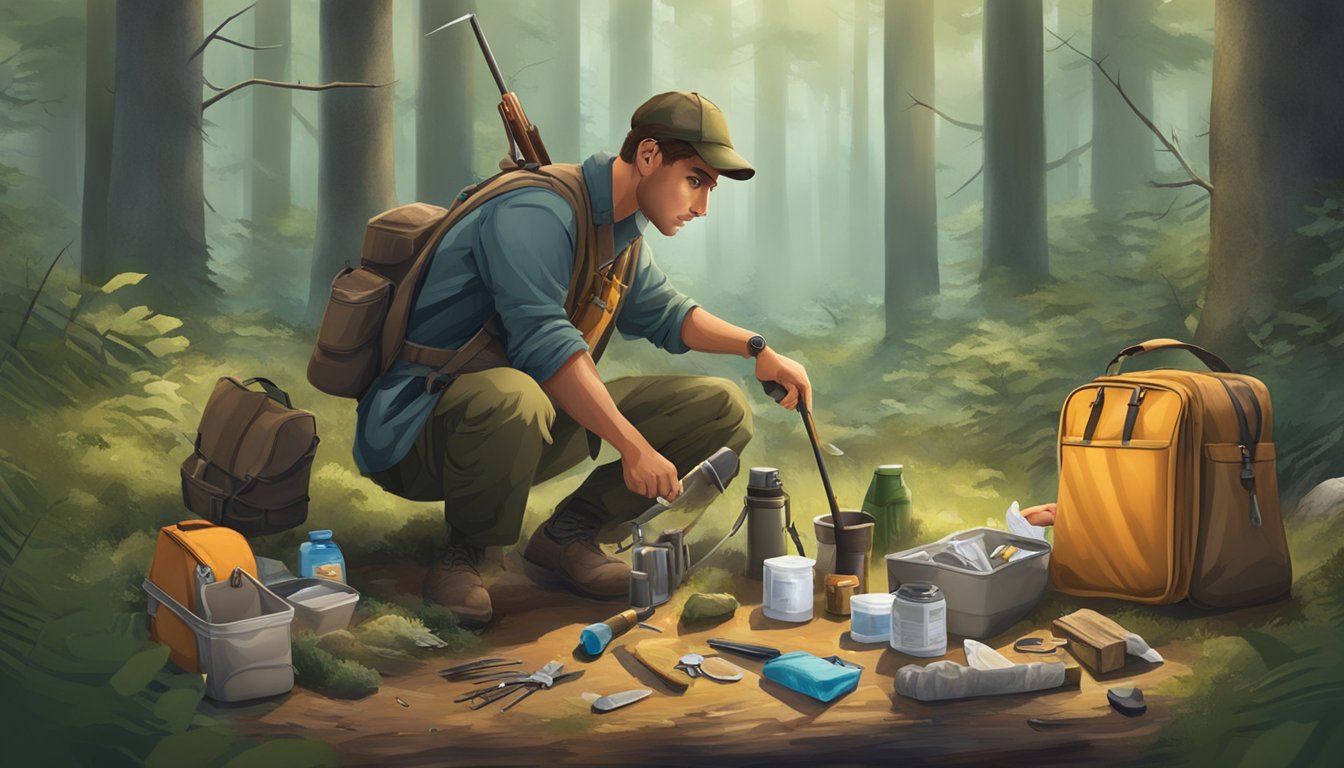 A hunter cleaning game in a forest clearing, surrounded by scattered tools and a first aid kit