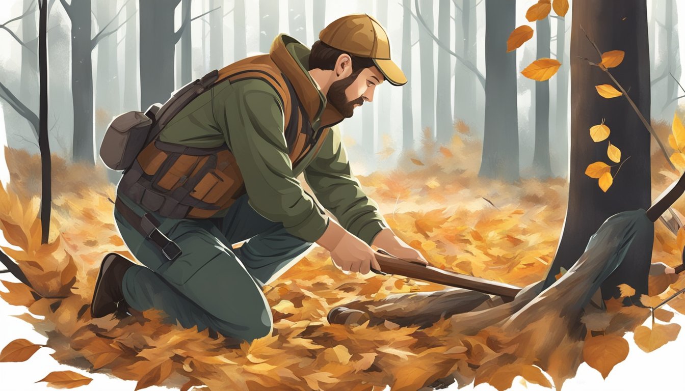 The hunter carefully cleans a fresh kill in the woods, surrounded by fallen leaves and a hint of sunlight filtering through the trees