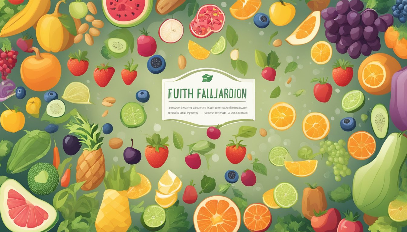 A colorful array of fruits, vegetables, and grains arranged in a balanced composition, with nutrient labels and health icons floating above