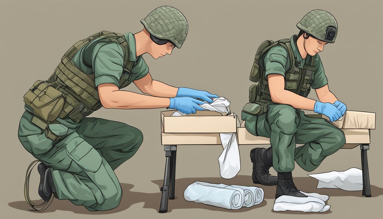 A soldier opens a first aid kit, unwraps an army field dressing, and applies it to a simulated wound on a mannequin