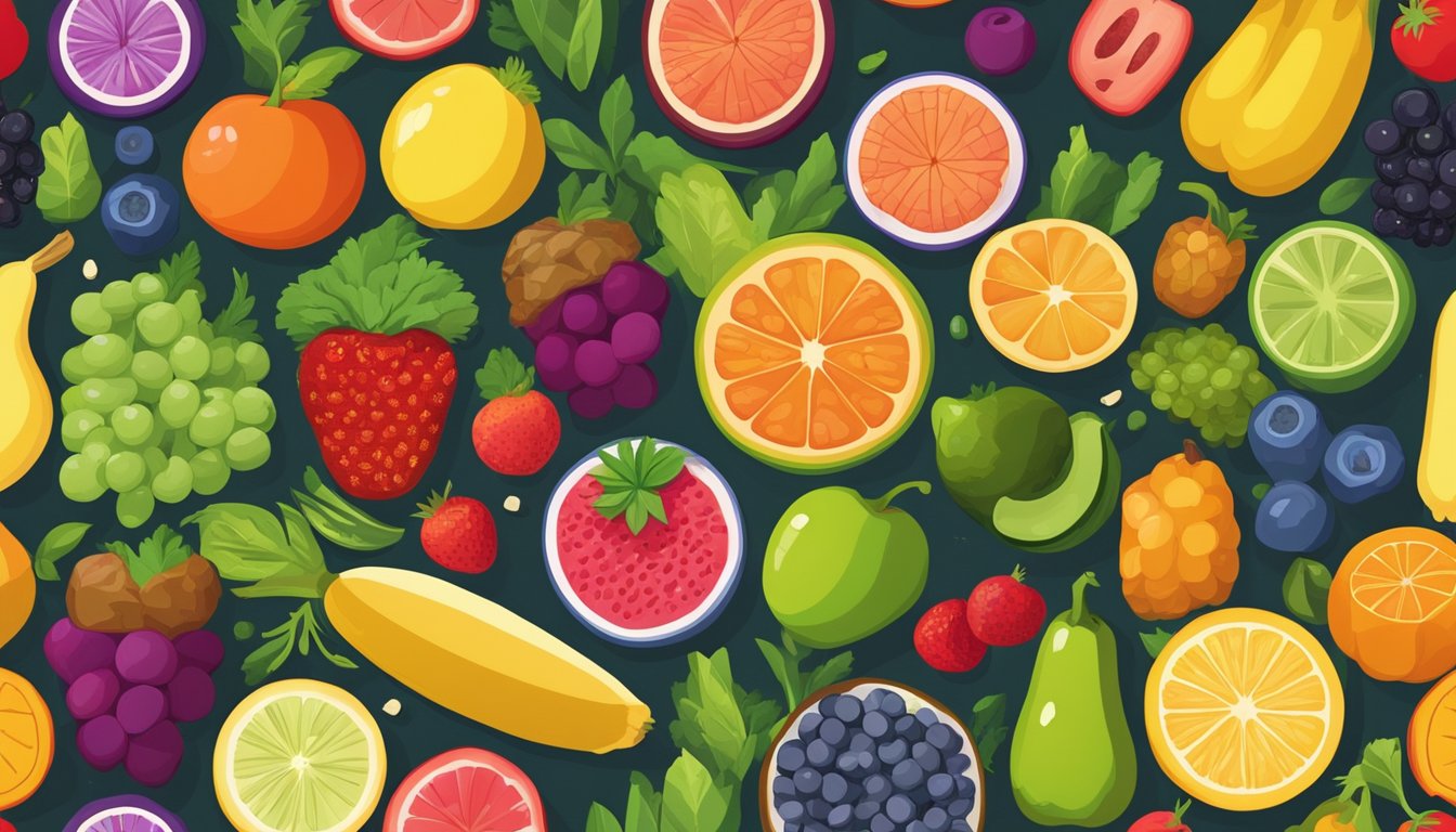 A colorful array of fruits, vegetables, grains, and proteins arranged in a balanced and visually appealing manner, with vibrant colors and textures