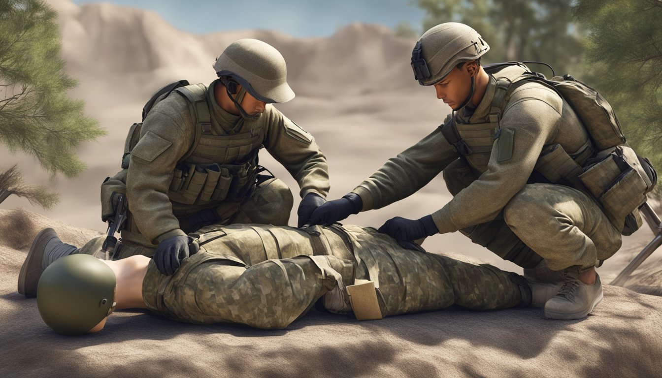 A soldier expertly applies an army field dressing to a simulated wound on a mannequin's leg in a realistic outdoor setting